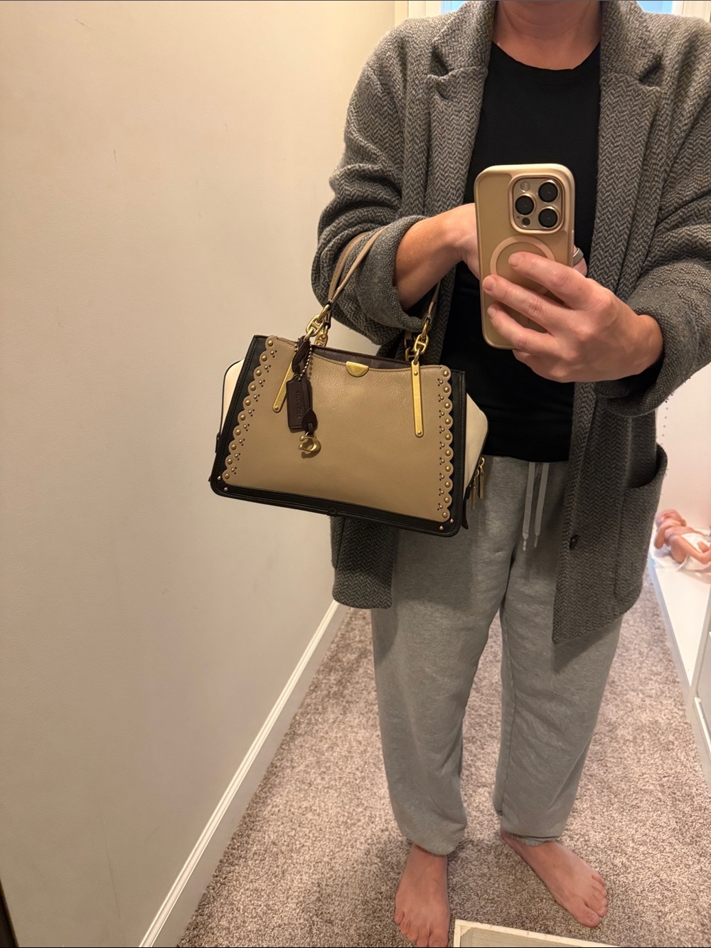Coach Taupe and Black Leather Satchel with Gold Hardware - Picture 10 of 14